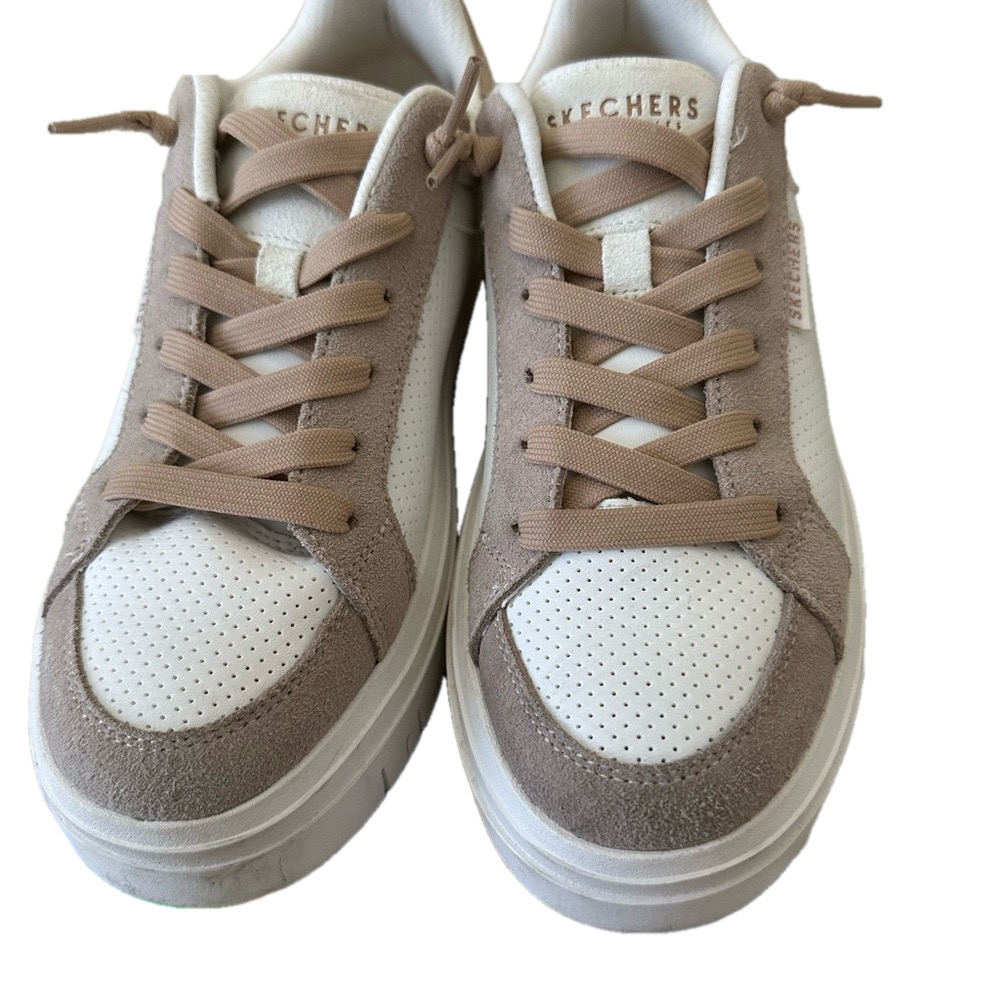 Skechers White and Tan Slip On Sneakers